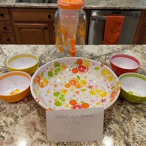 Disney Parks serving bowl with 4 smaller bowls, spigot pitcher with cups